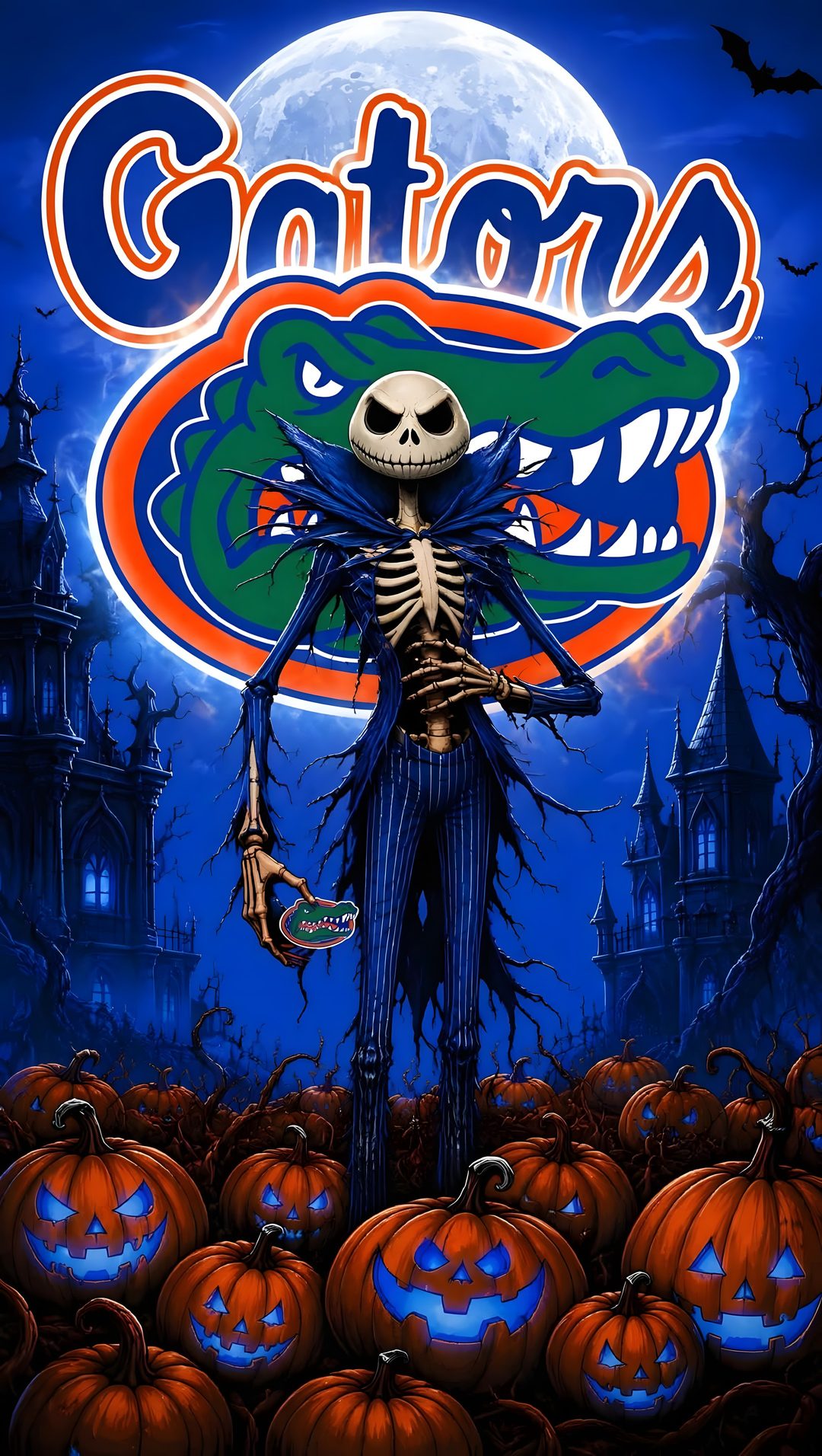 a skeleton is standing in front of pumpkins with the word gator's on it Halloween Football midnight blue