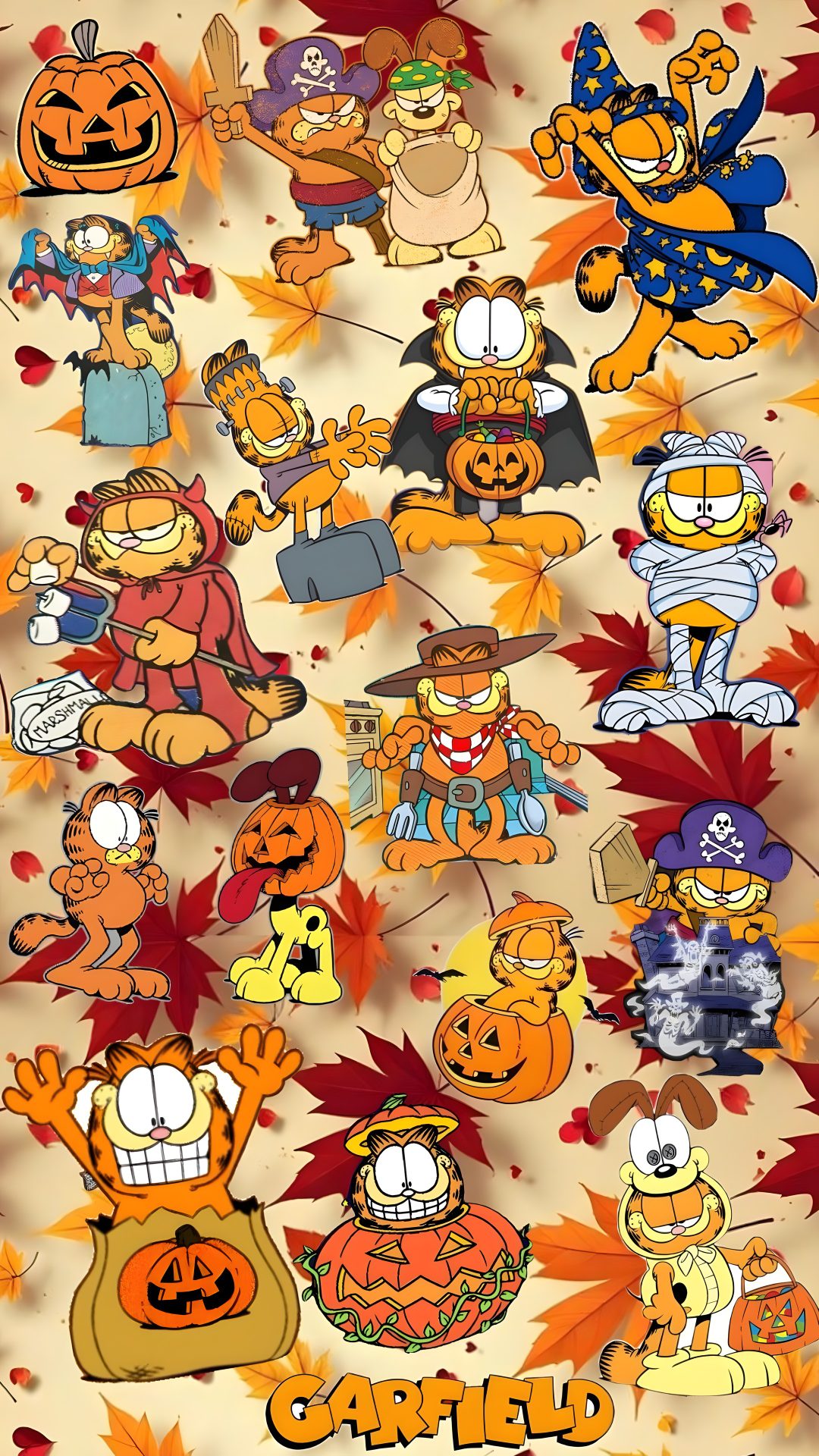 an image of cartoon characters with autumn leaves Halloween Garfield Garfield Halloween, Garfield, Halloween, sandy brown
