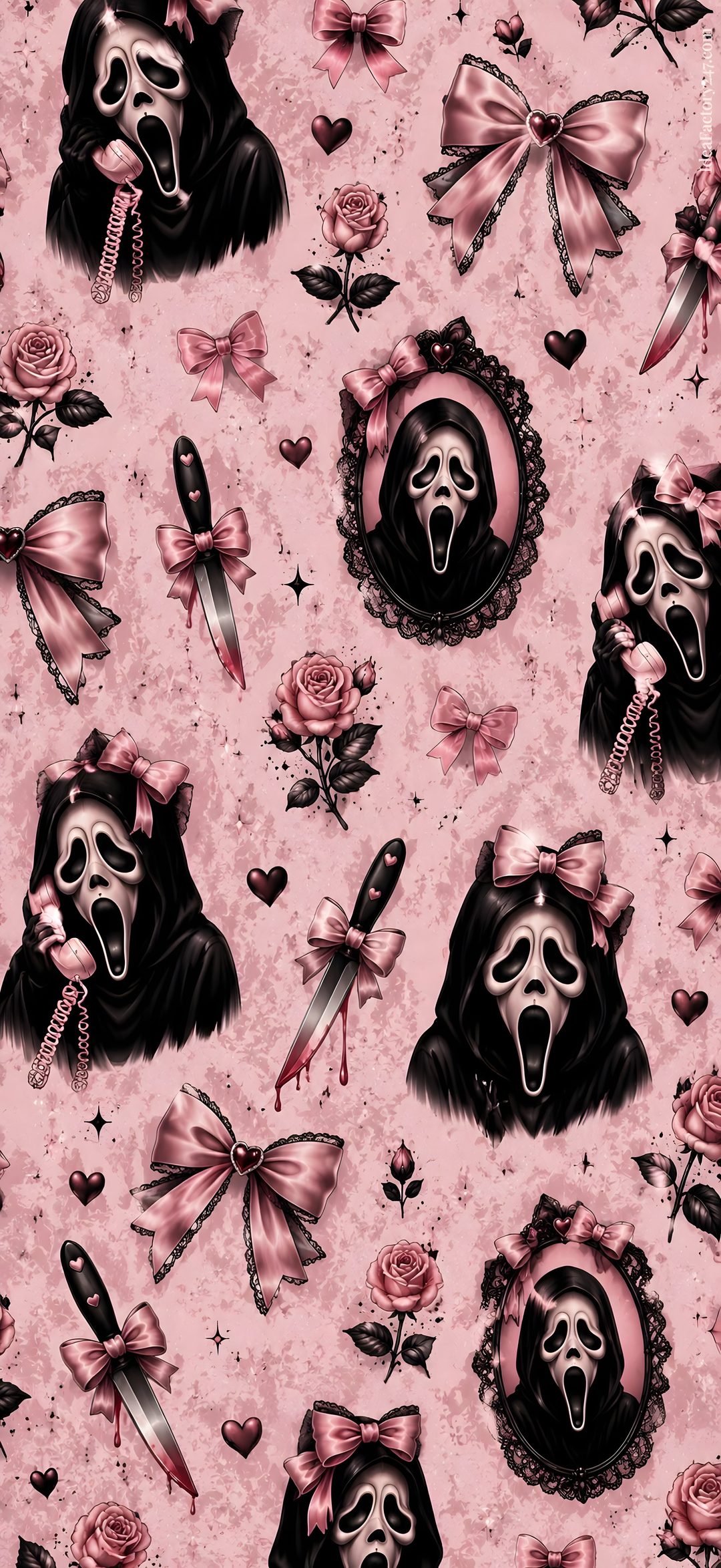 a pink and black wallpaper with skulls, roses and other things on it's surface Cute Scream Halloween rosy brown