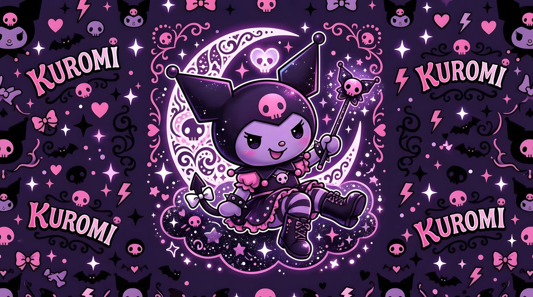 a cartoon character sitting on top of a purple moon with skulls and stars around it Kuromi Halloween Desktop midnight blue