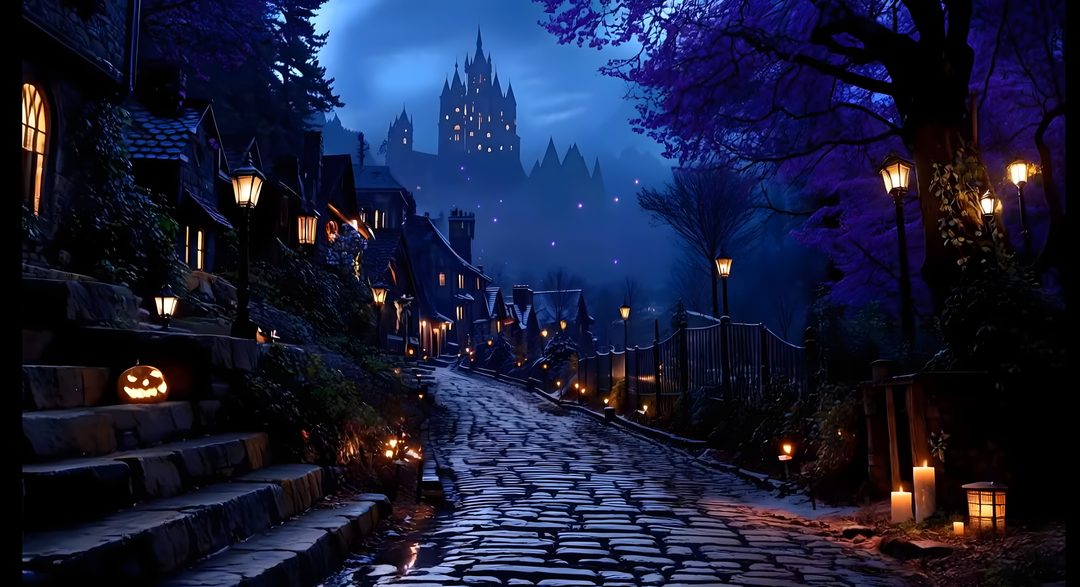 a cobblestone road in front of a castle with lanterns lit up at night Halloween Village For Pc black