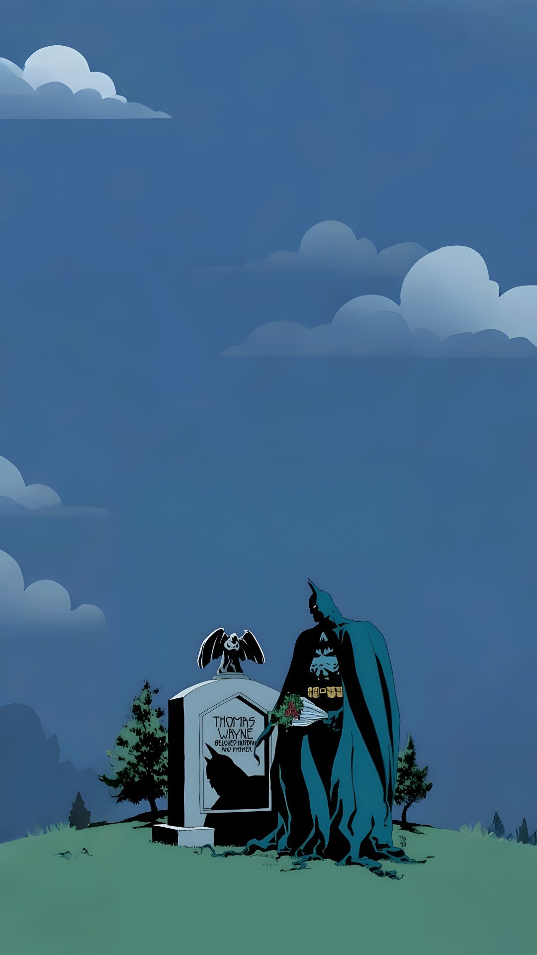 the batman is sitting in front of a grave with his caped head on it The Long Halloween The Long Halloween, Halloween Backgrounds, Batman, Halloween, dark slate blue