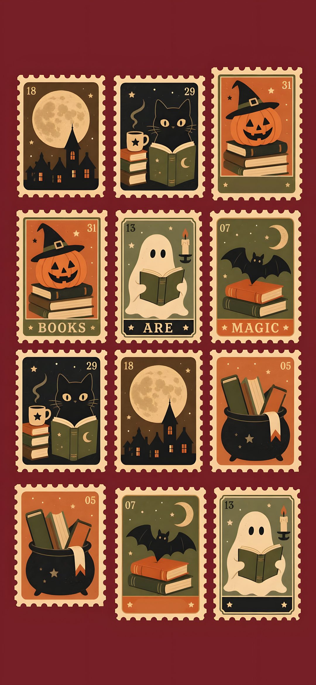 stamps with halloween images on them and the words books are written in orange, green, red Vintage Halloween Phone saddle brown