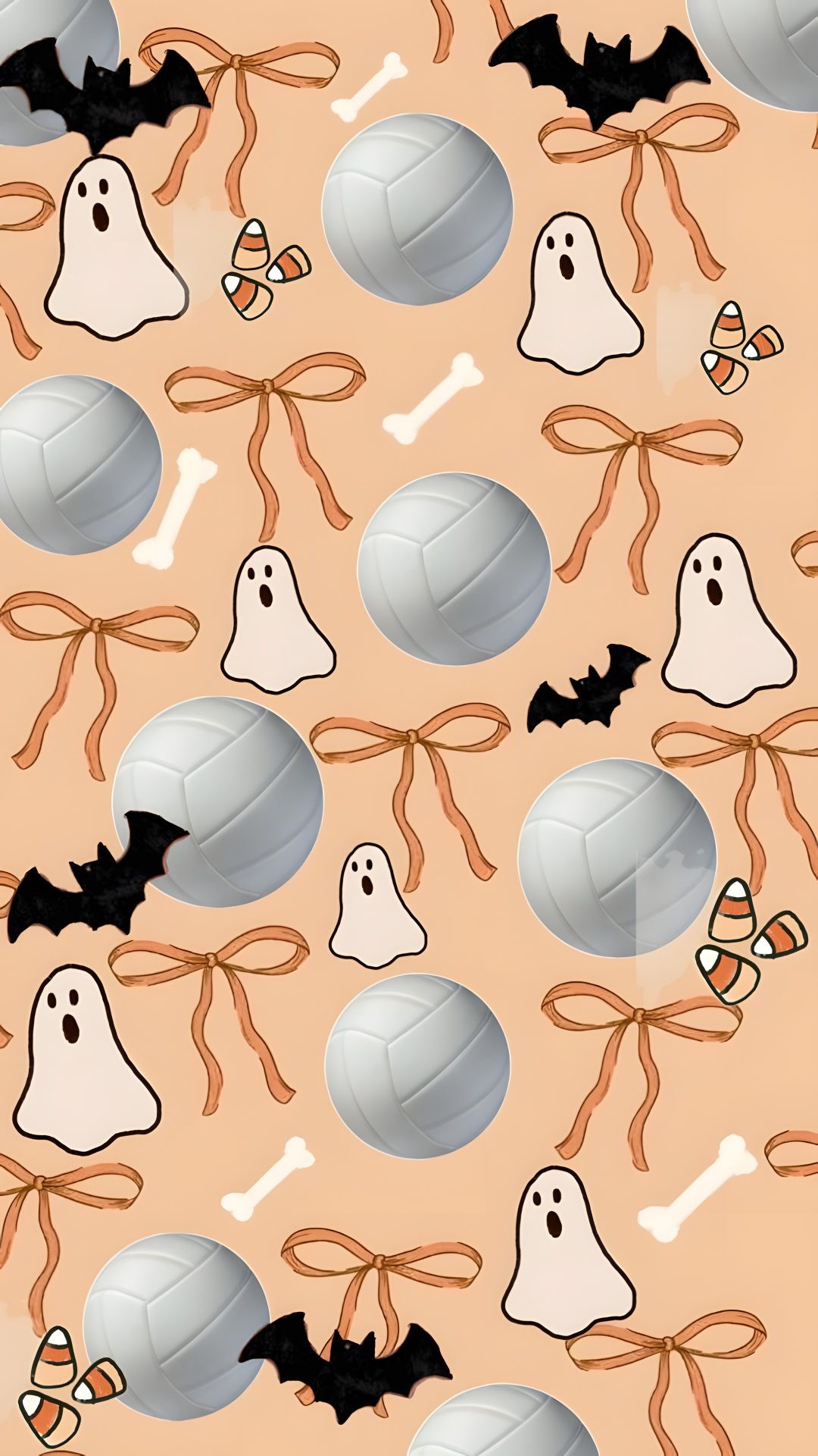 halloween themed wallpaper with bats, balls and ghost's heads on it in orange background Volleyball Halloween Volleyball, burlywood