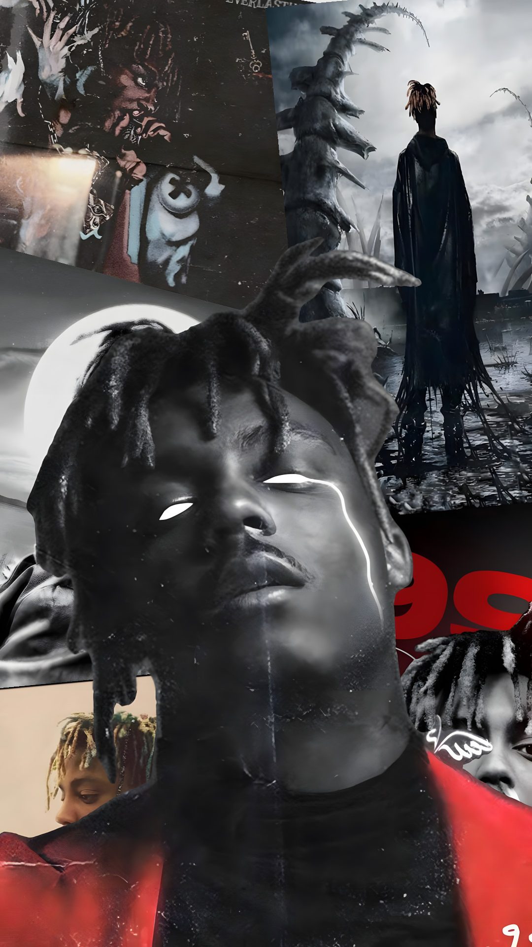 a collage of black and white images with the same person wearing a red jacket Halloween Juice Wrld Juice Wrld Collage, dark slate gray