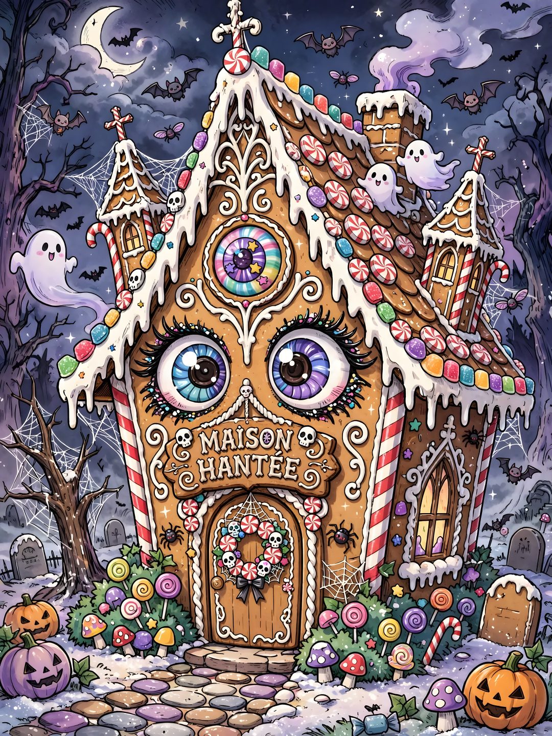 a gingerbread house decorated for halloween with eyes and candy on the roof, surrounded by spooky decorations Halloween Candy House dim gray