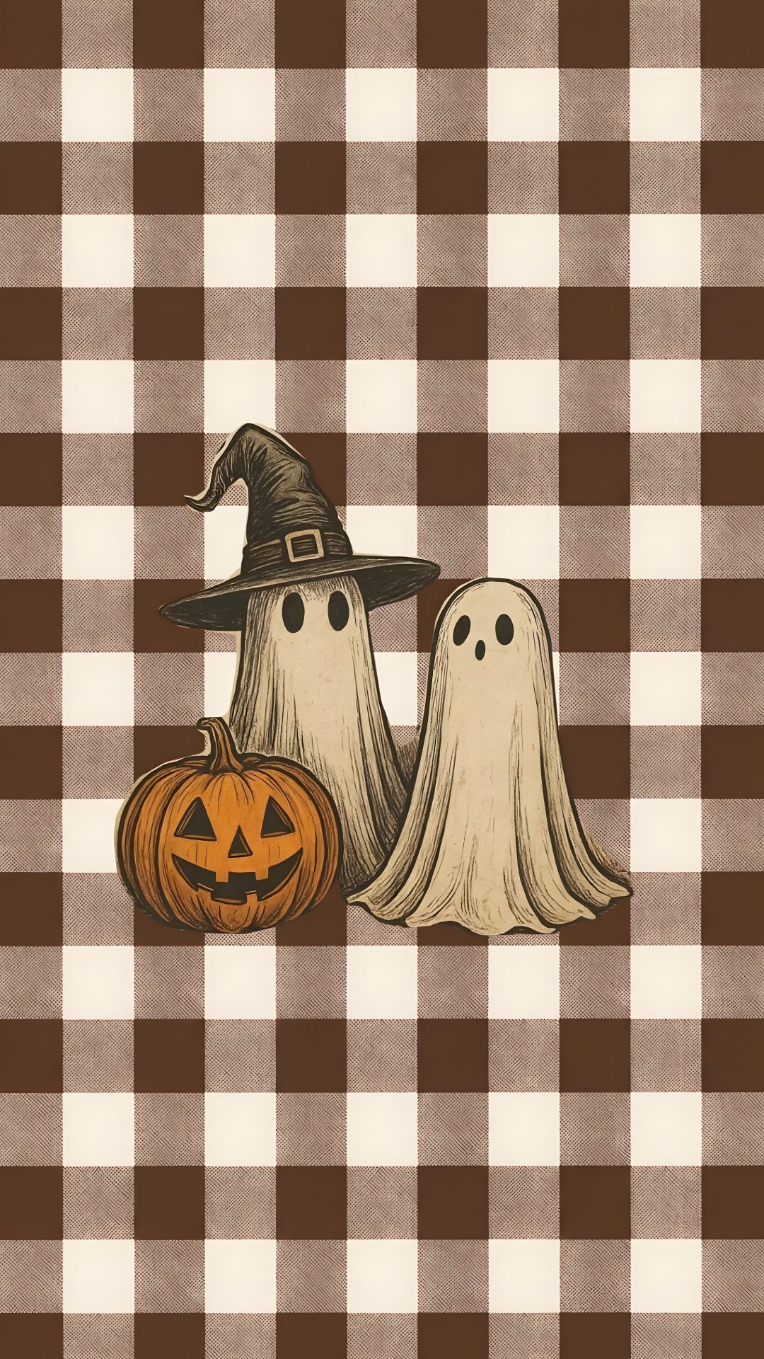 two halloween pumpkins with ghost heads sitting on a checkered tablecloth background, one is orange and the other is brown Halloween 2025 Iphone rosy brown