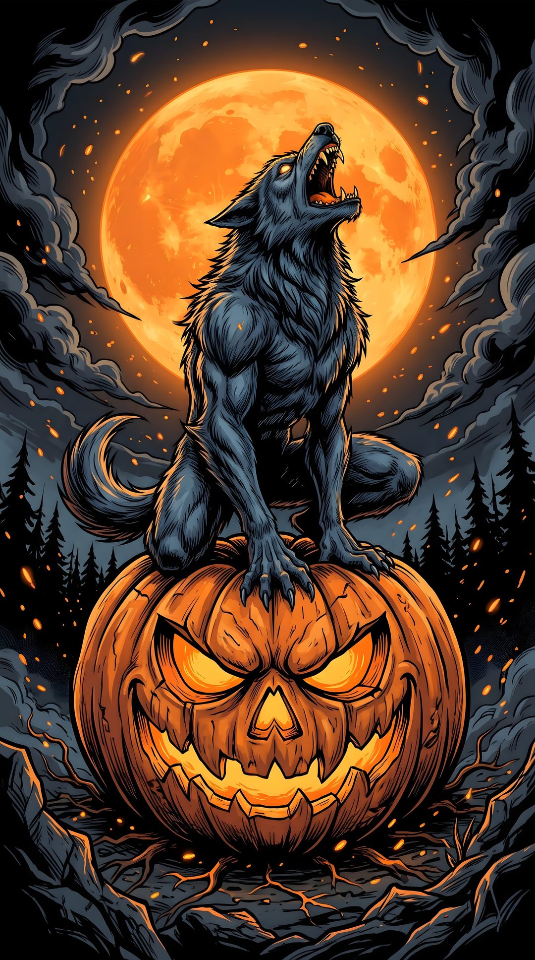 a wolf sitting on top of a pumpkin with the moon in the sky behind it Halloween For Men dark slate gray