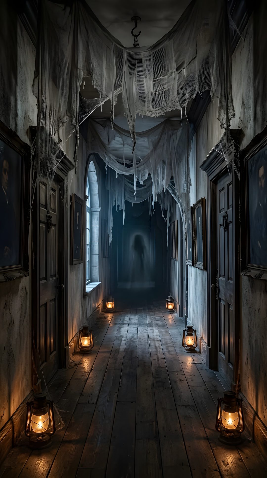 a creepy hallway with candles lit up in the dark Halloween Hallway dark slate gray