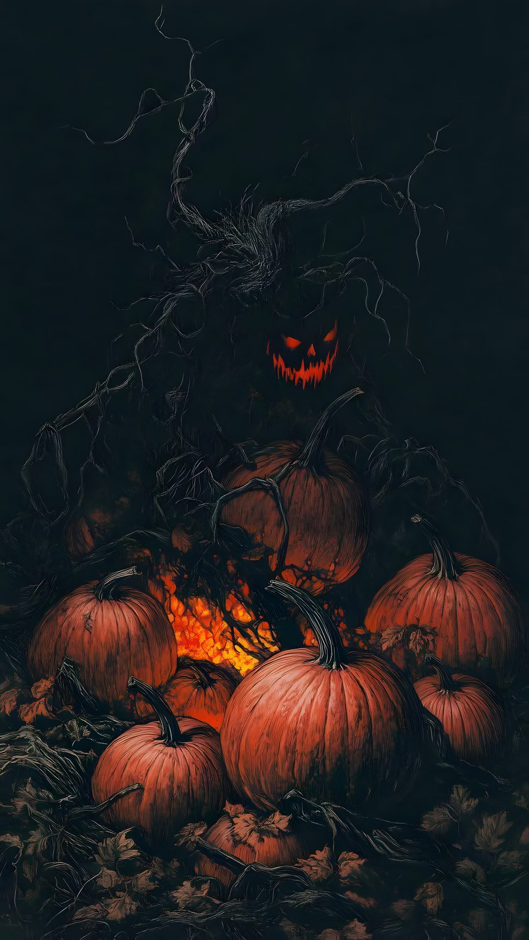 a pile of pumpkins sitting on top of dry grass Halloween Creepy black
