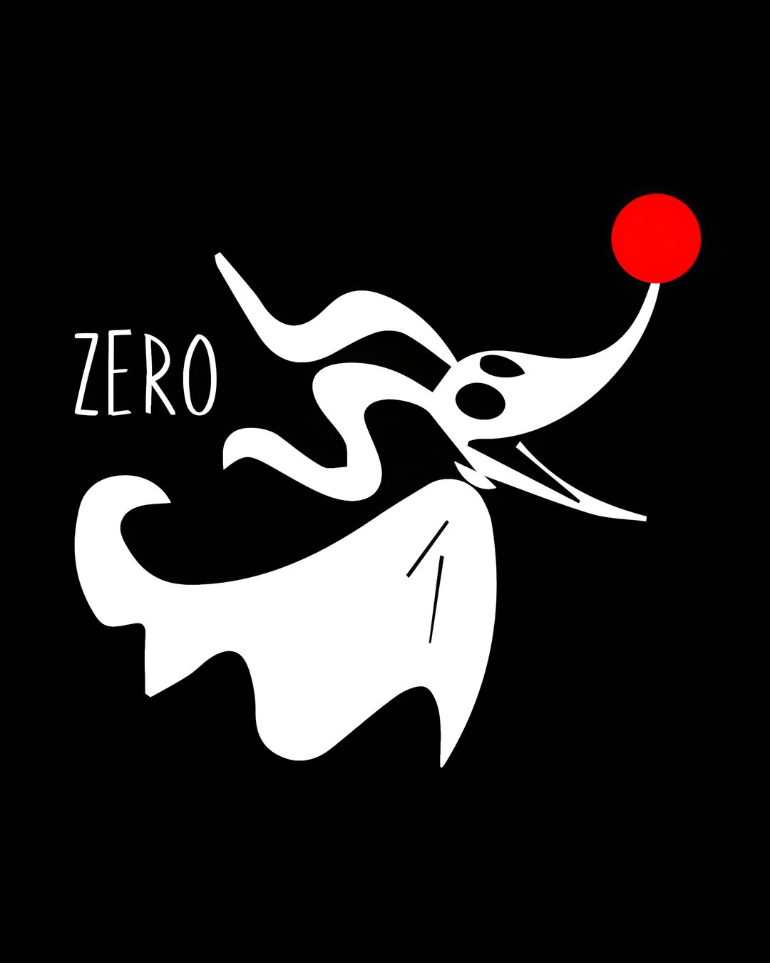 a black and white image with the word zero on it's left side, and a red ball in its mouth Zero Halloween Zero Nightmare, Halloween, Jack Skellington Merry Christmas Meme, black