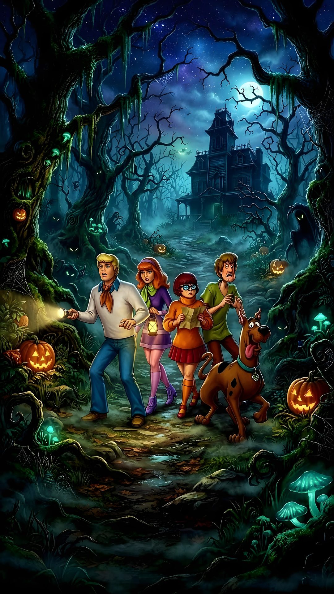 a group of people standing next to each other in front of a forest filled with pumpkins Halloween Scooby Doo black