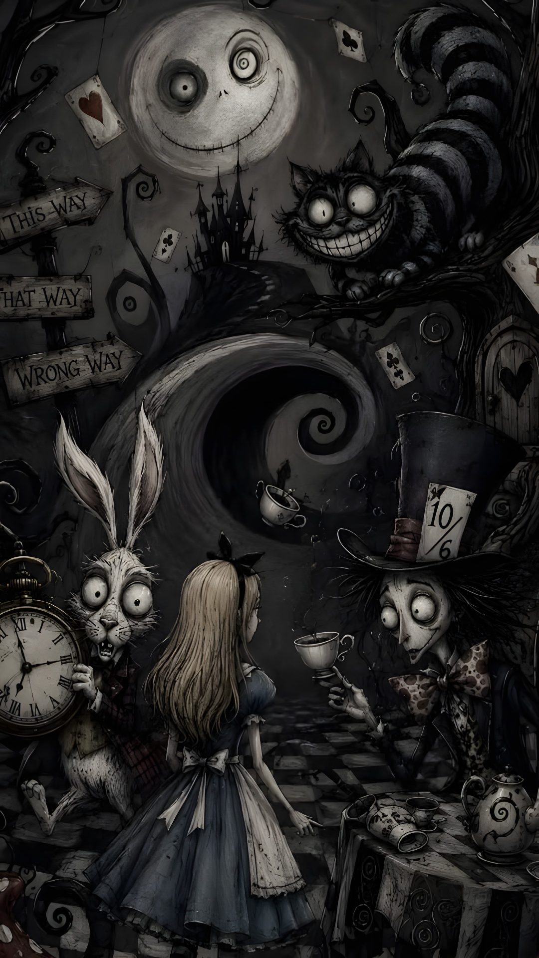 alice and the rabbit in wonderland with their clock faces painted on by children's artwork Halloween Alice Custom black
