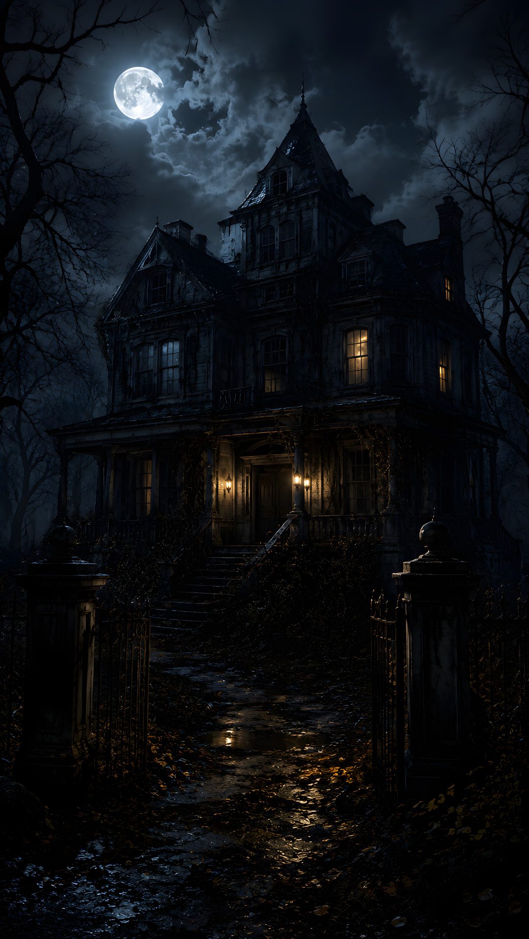 an old creepy house at night with the moon in the sky Halloween Creepy House black