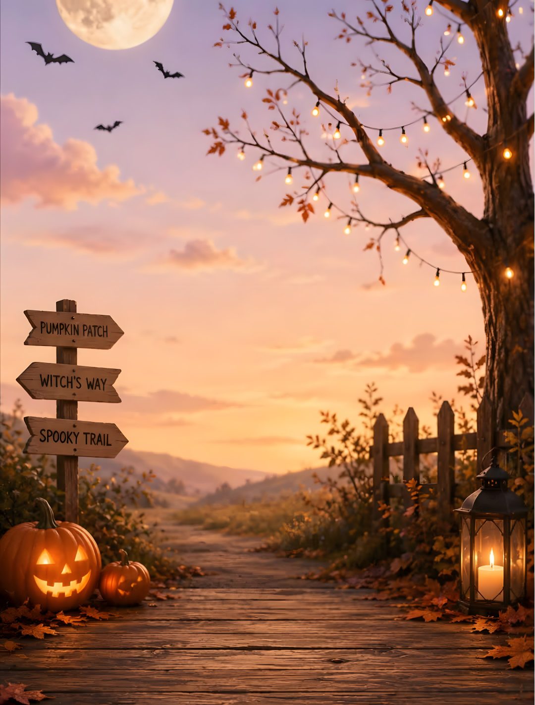 a wooden path with pumpkins and lights on it Halloween Road rosy brown
