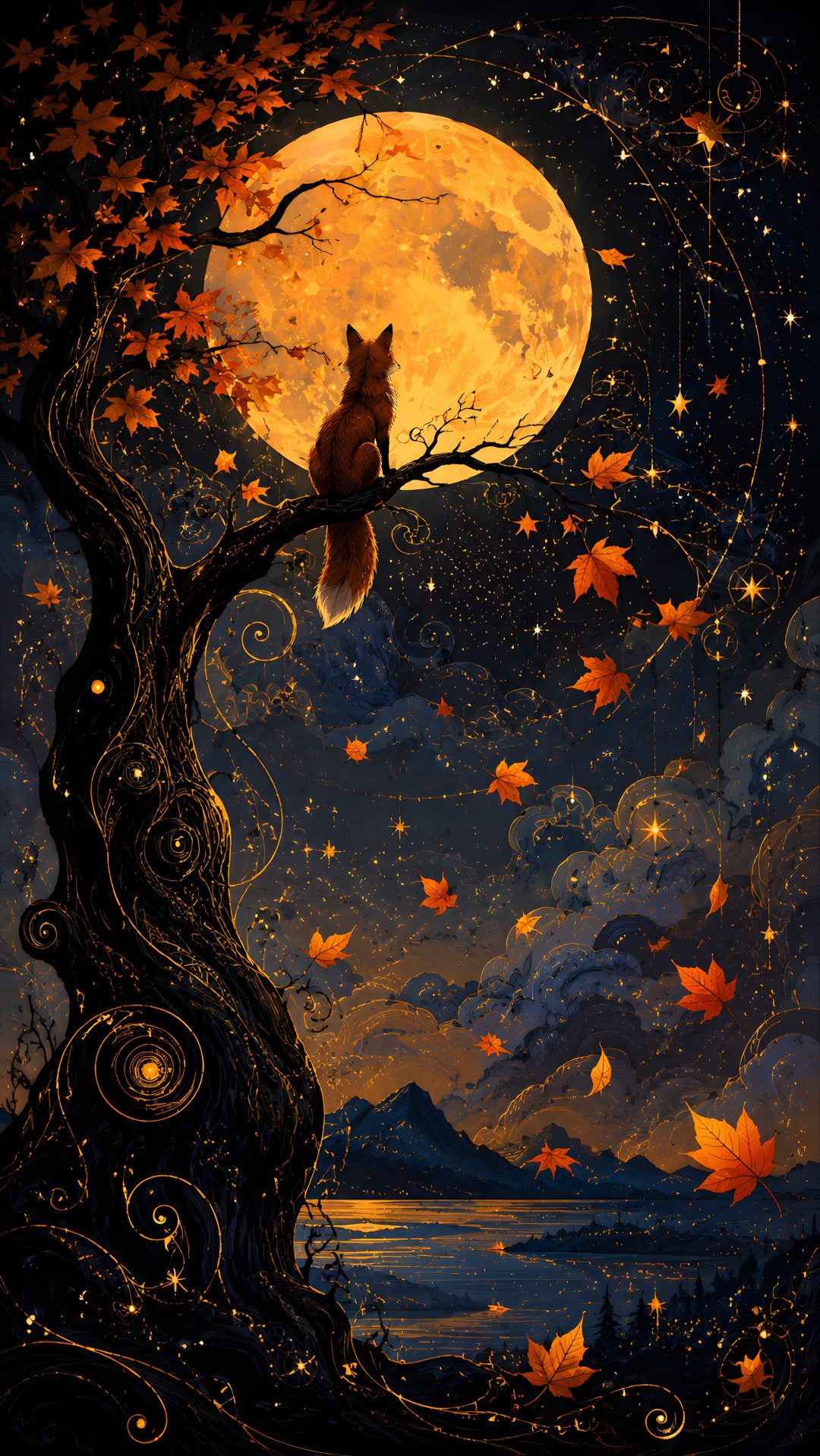 a painting of a fox sitting on a tree branch with the moon in the background Halloween Forest Animals Paper Art, Wall, black