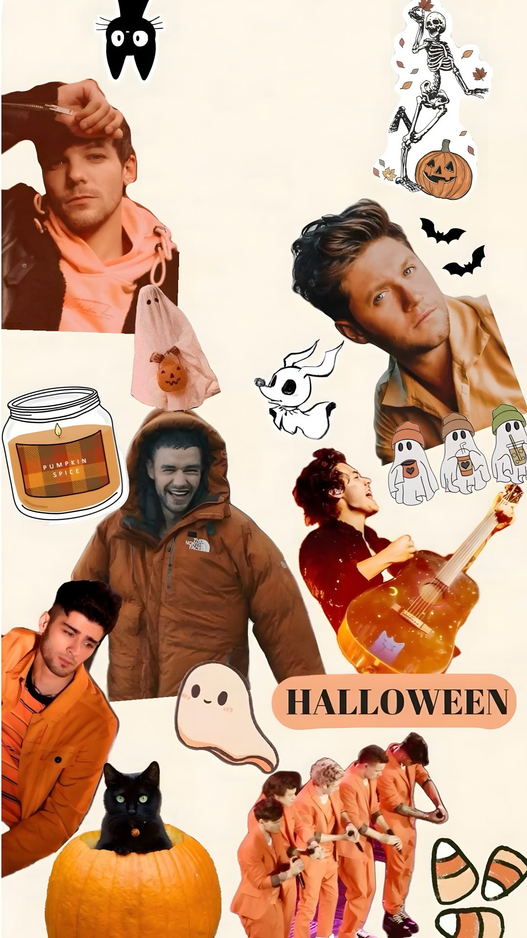 a collage of halloween pictures with pumpkins, cats and other things on it One Direction Halloween One Direction, Fall Background, Halloween, burlywood