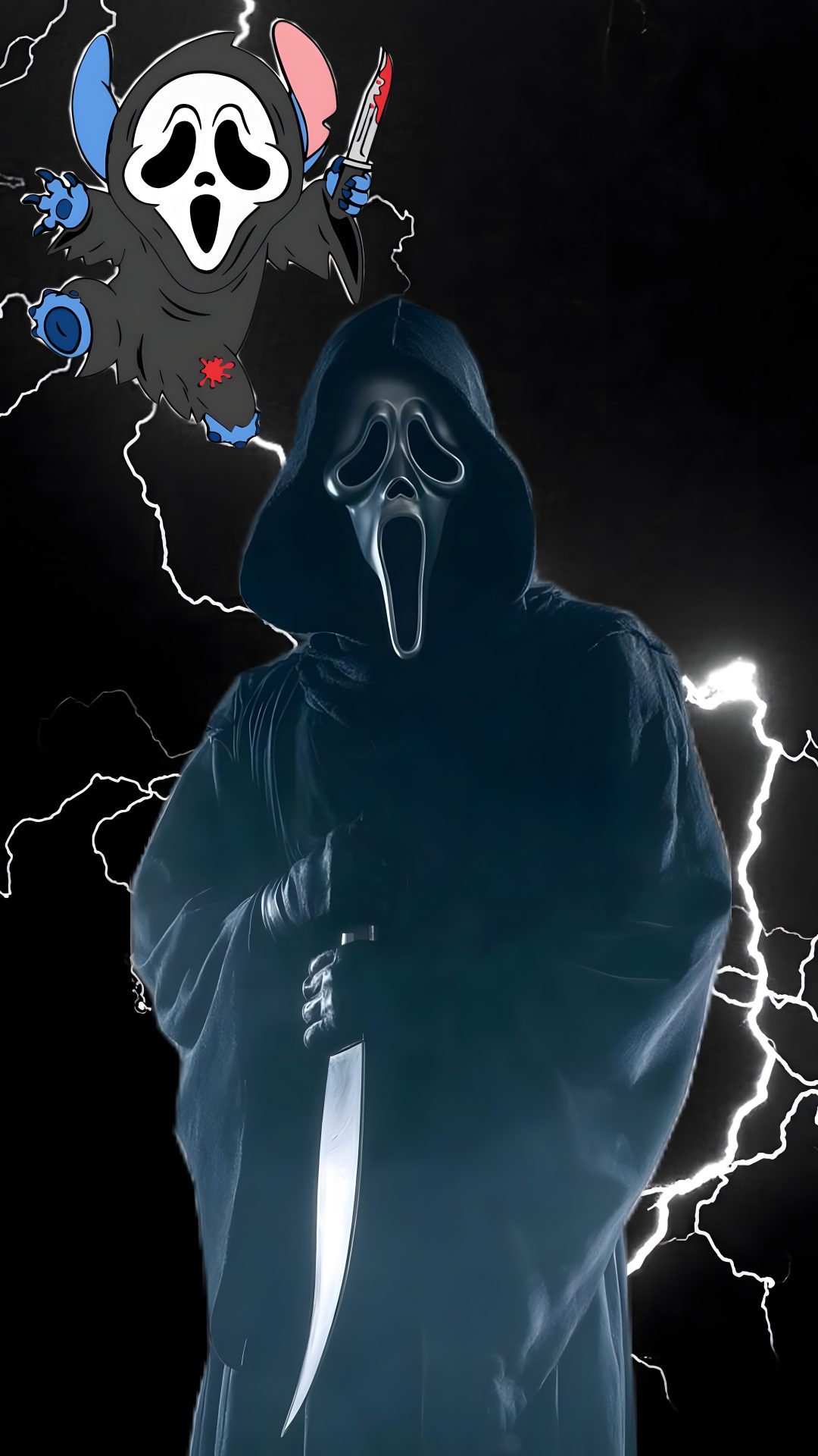 a man in a hooded jacket with a knife and skull on his head standing next to a lightning bolt Stitch Halloween Ghostface black