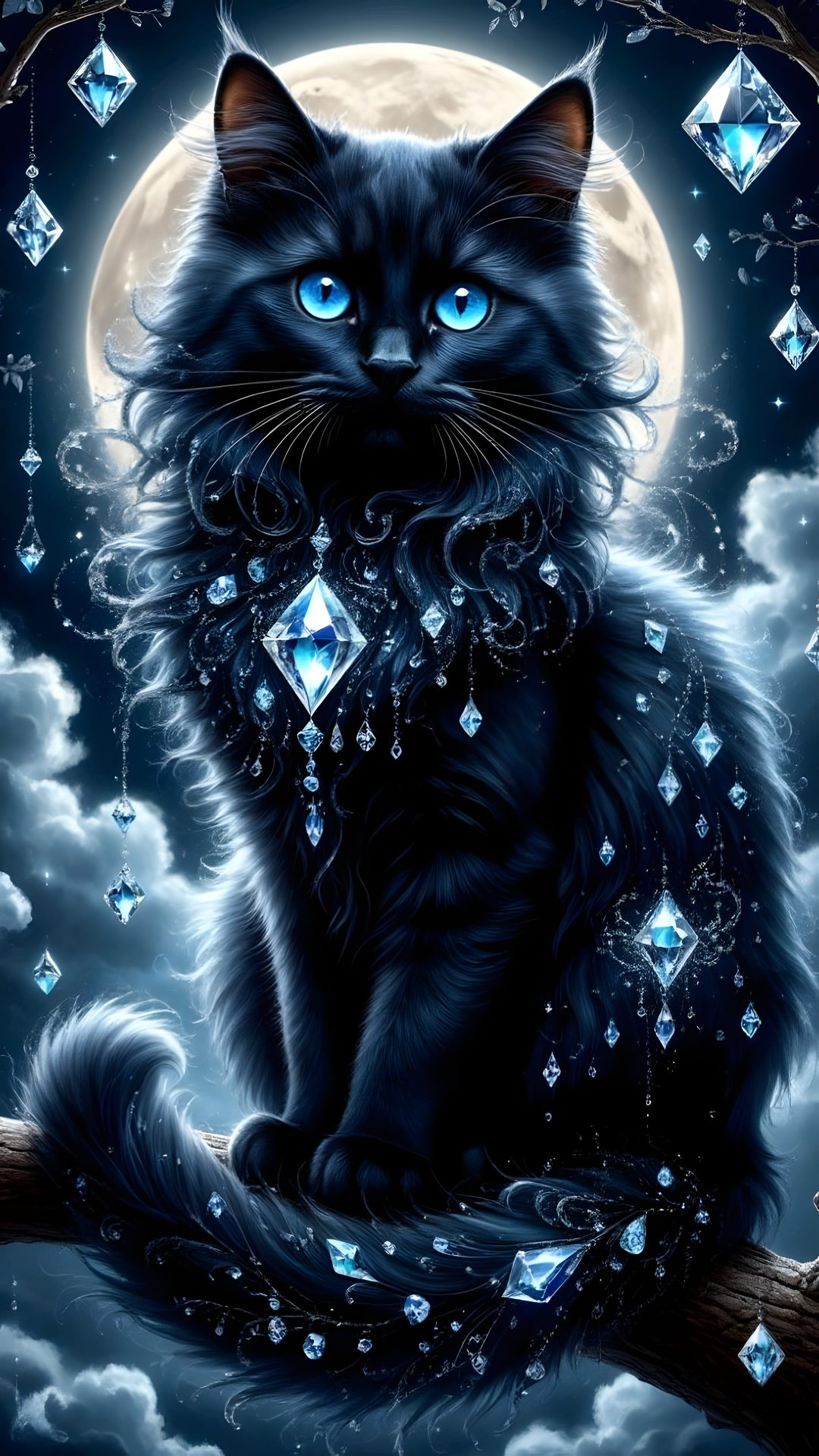 a black cat sitting on top of a tree branch in front of a full moon Black Cat Diamonds For Halloween In Cat Painting, Phone, dark slate gray