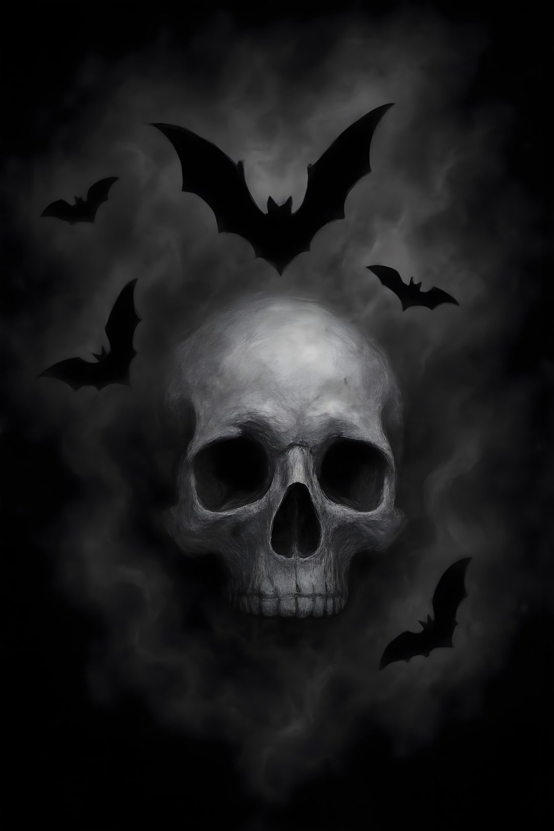 a skull with bats flying around it Halloween Skull And Bat Skull With Bat Wings, Dark Skulls, black