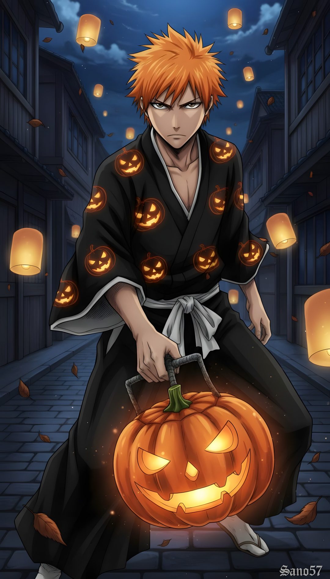 an anime character holding a pumpkin in his hand Bleach Halloween Bleach Halloween Art, dark slate gray
