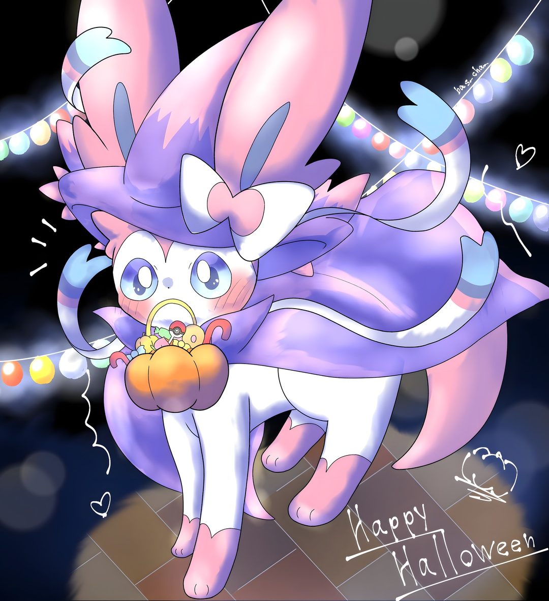 a very cute looking cat with some lights around it Halloween Sylveon Hd Pokémon, Pokemon, medium purple