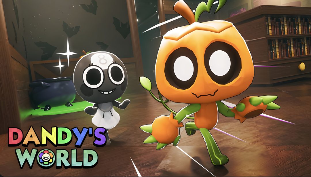 two cartoon characters standing in front of each other on a wooden floor with the caption dandy's world Dandys World Halloween Toons Dandy, dark olive green