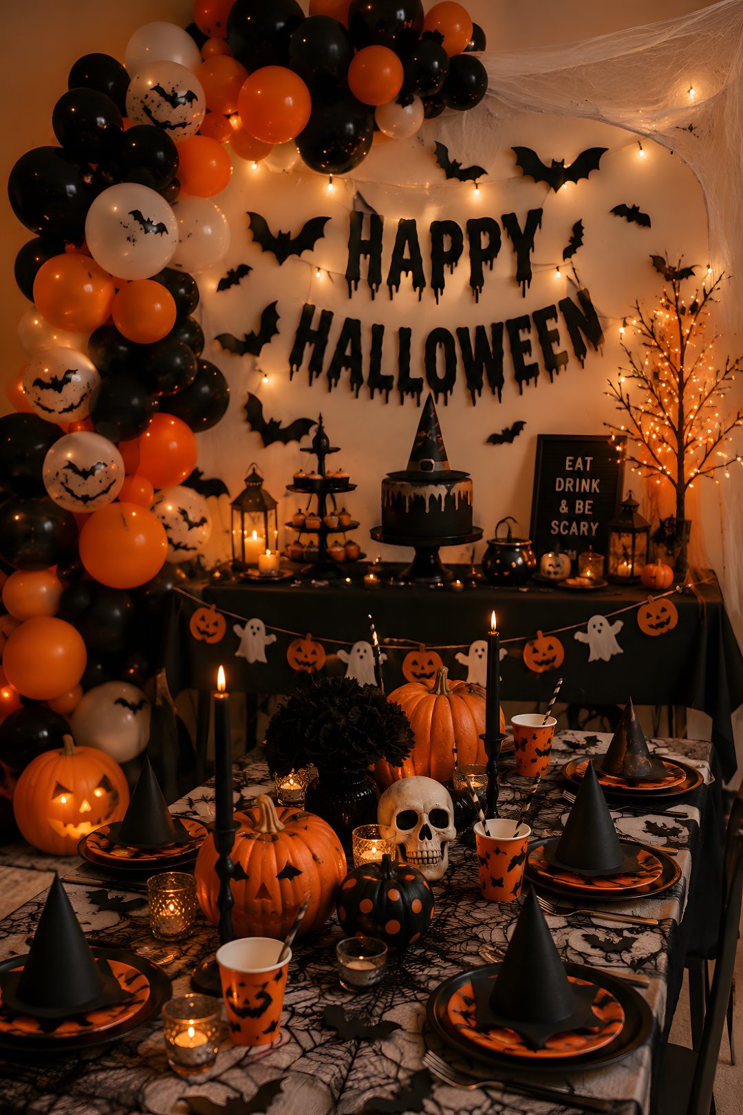a halloween party with black and orange decorations Halloween Party Ideas maroon