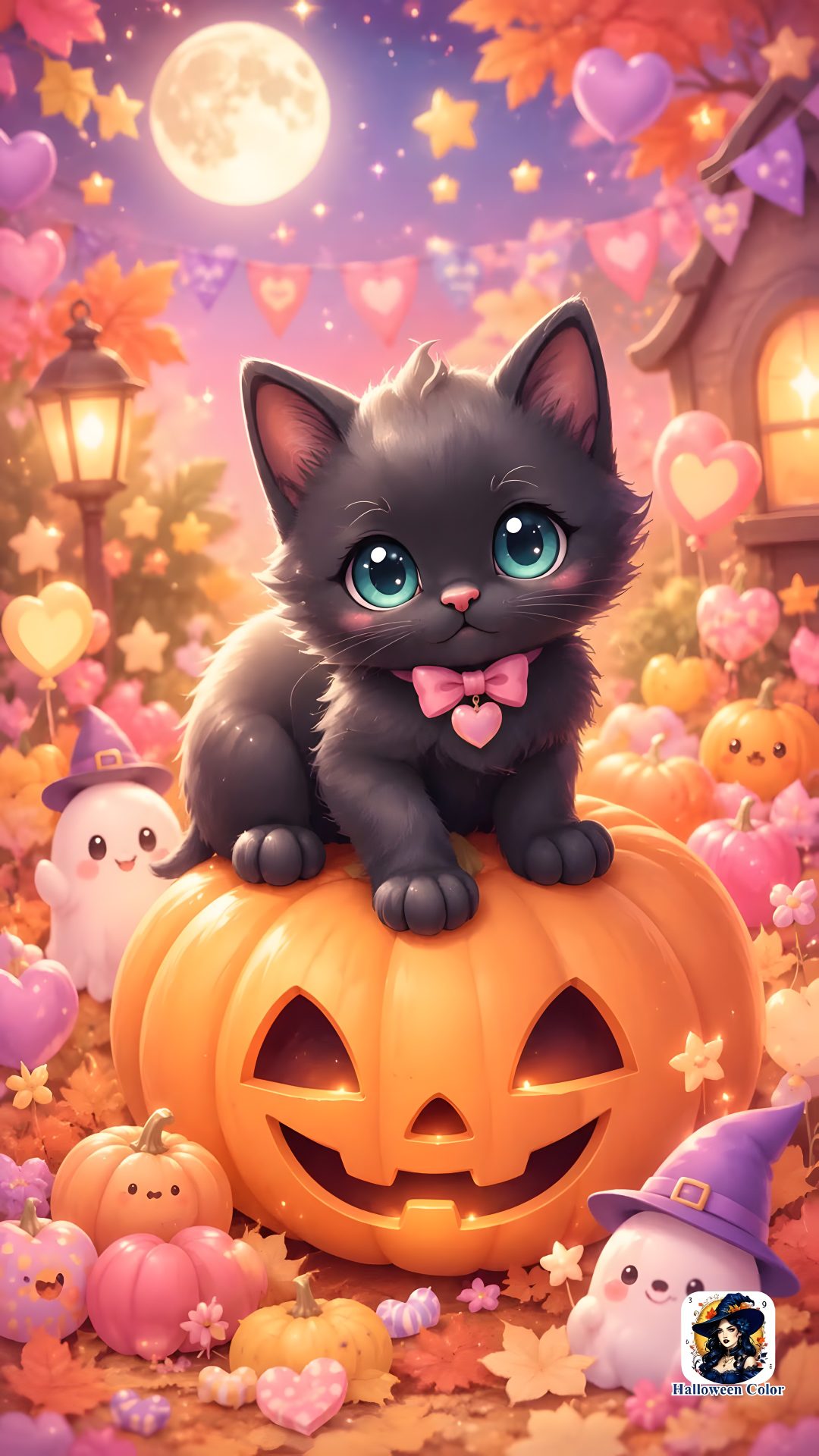 a black kitten sitting on top of a pumpkin in the middle of a halloween scene Halloween Kittens salmon