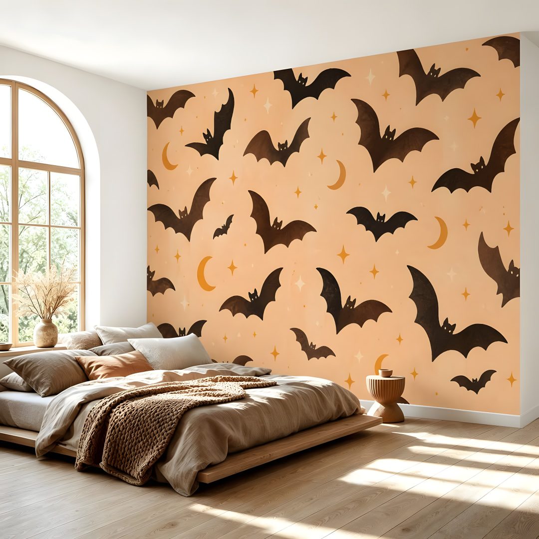a bedroom with bats painted on the wall and bedding in front of a window Halloween For Bedroom tan