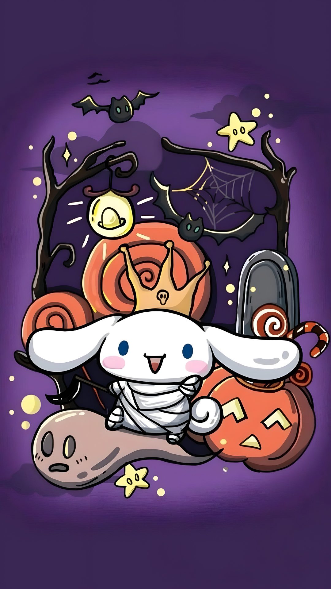 an image of a cartoon character with pumpkins and bats in the background on a purple background Cinnamon Roll Halloween dark slate gray