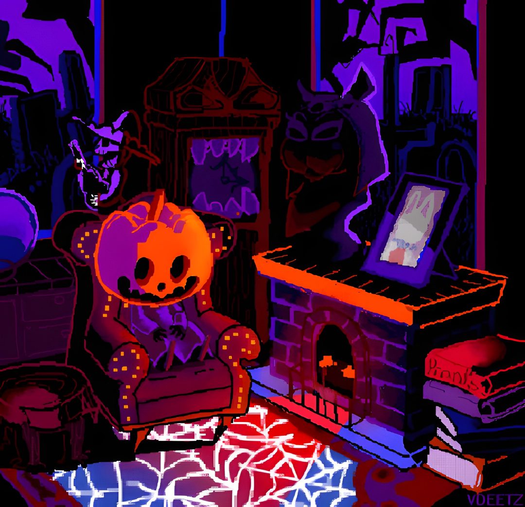 a teddy bear sitting in a chair next to a fire place 8 Bit Halloween black