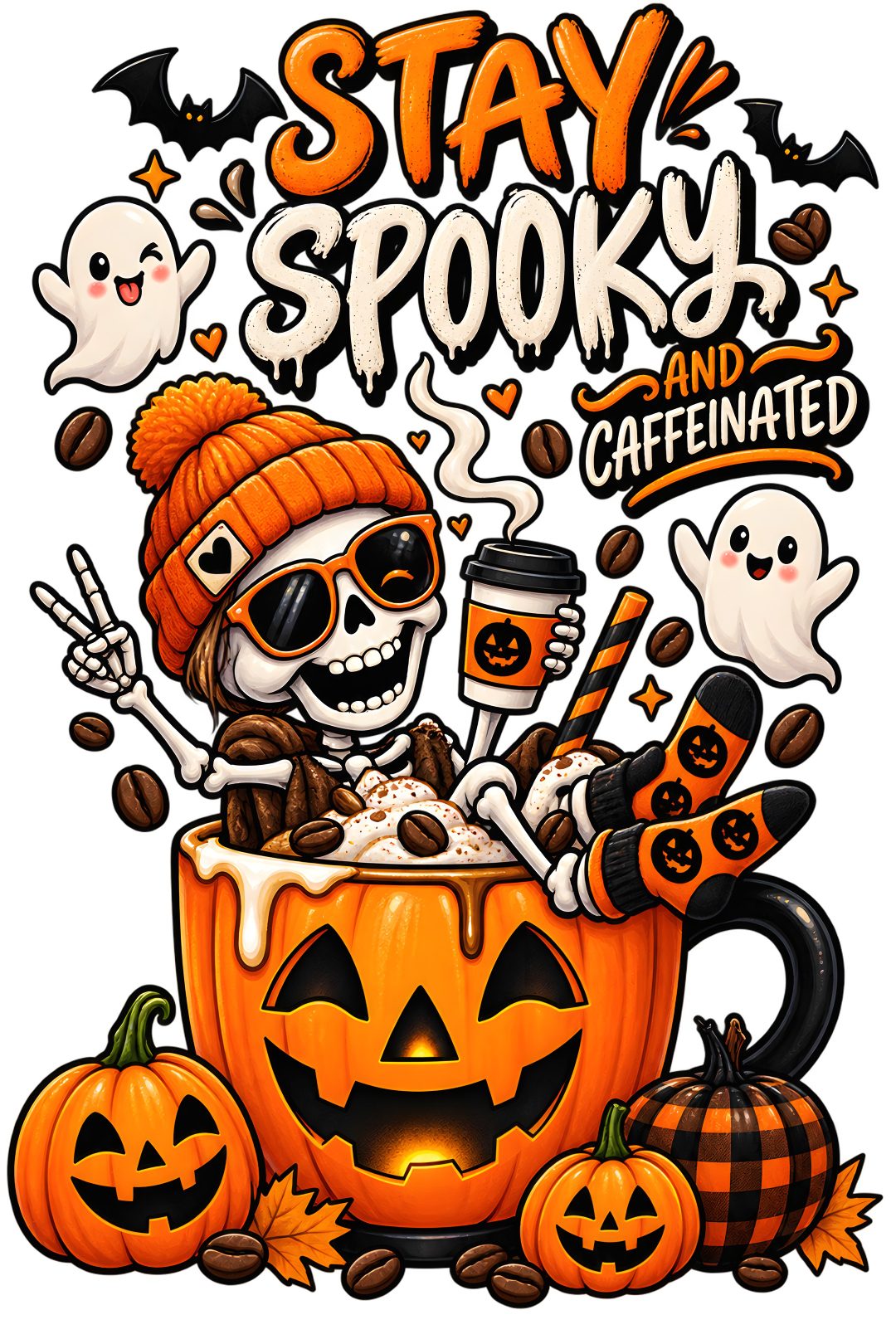 a skeleton in a pumpkin mug surrounded by halloween decorations Halloween Coffee coral