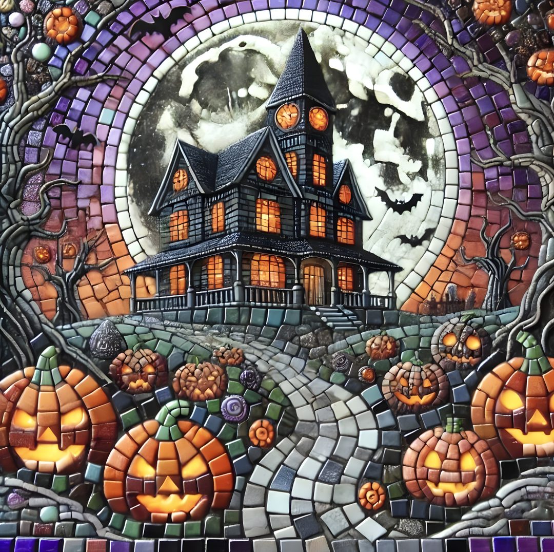 a halloween scene with pumpkins and a house Halloween Celtic Tiles Custom Halloween, Halloween Cat Mosaic, dim gray
