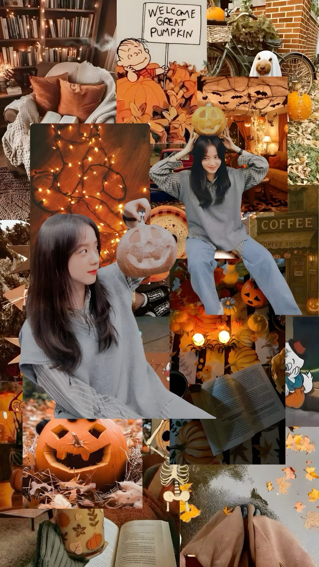 a collage of photos with pumpkins and people Halloween Blackpink 17 Kpop, Black Pink, Ji Soo, Halloween, sienna