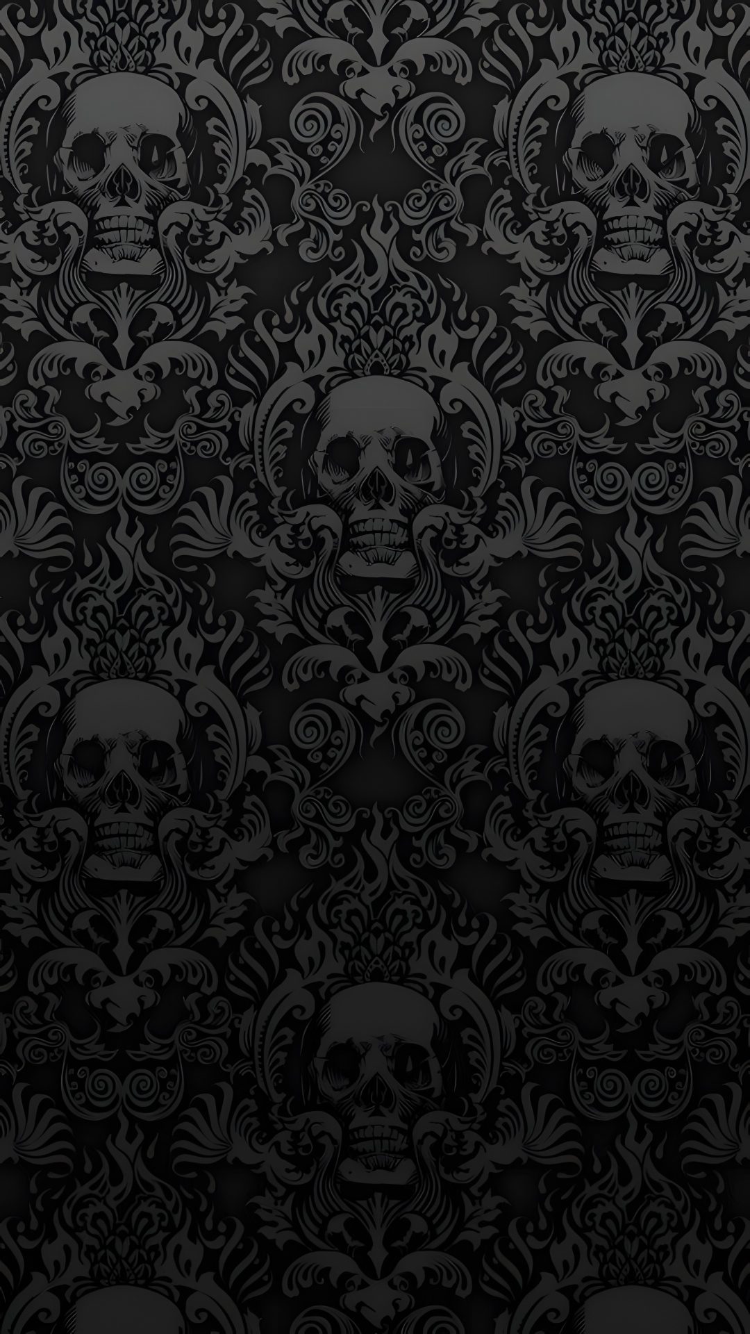 a black and white wallpaper with skulls on it's back ground, in the middle Damask Halloween Sf, Goth, Gothic, Skull, Damask, Black Skulls,
