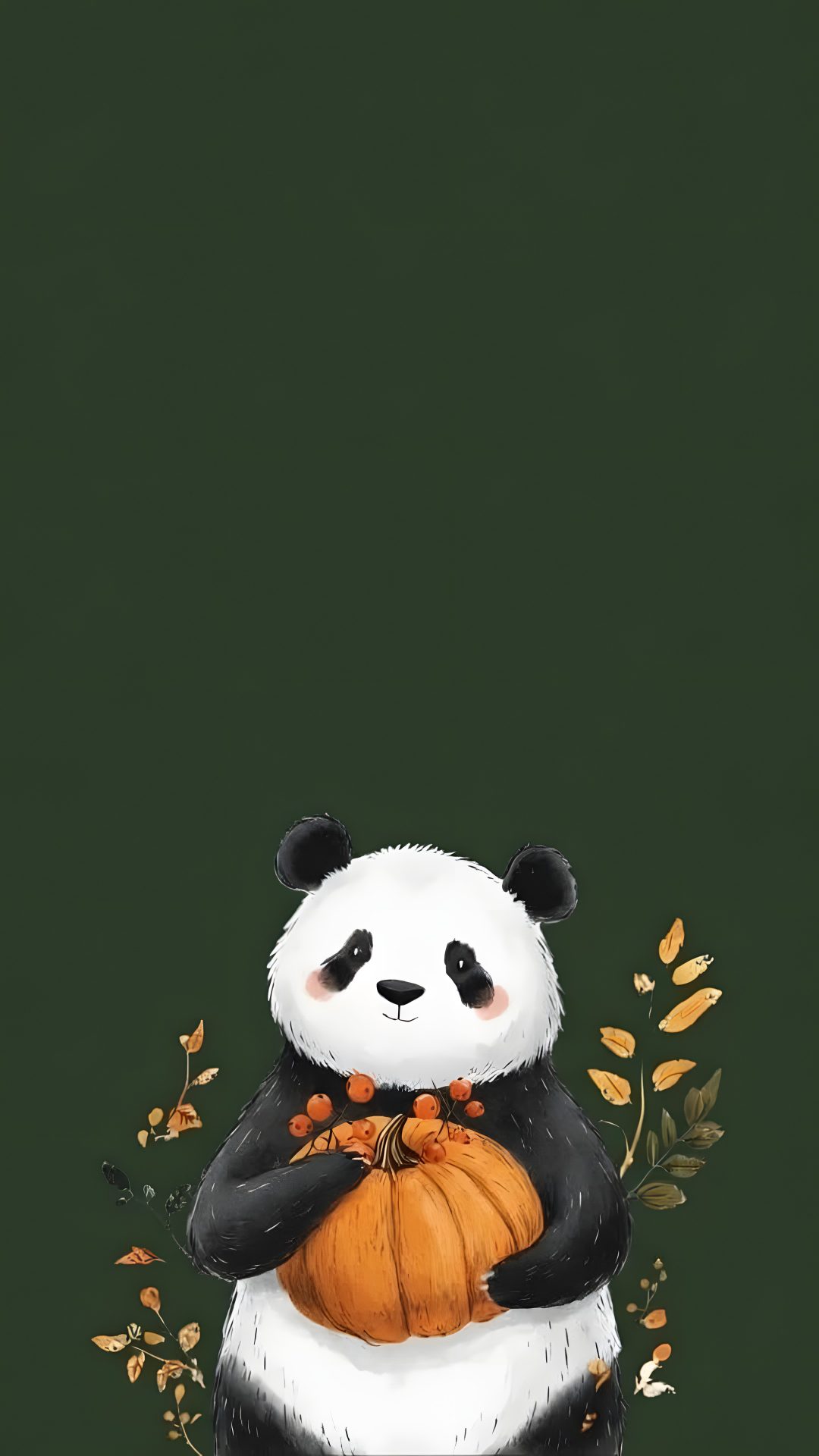 a panda bear sitting on top of a pile of leaves and holding a pumpkin in its paws Halloween Panda Panda Love, dark slate gray