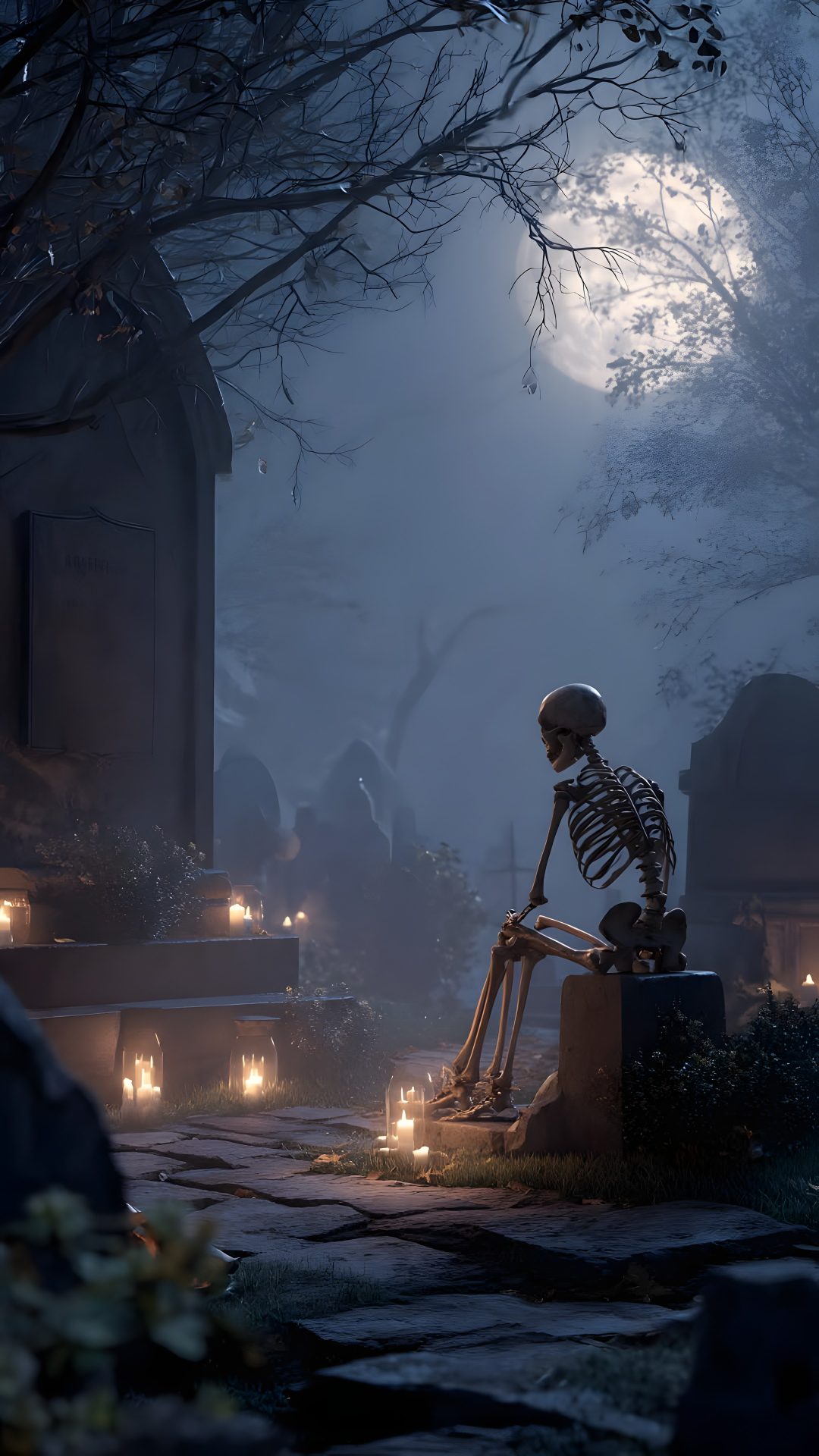a skeleton sitting on top of a bench in the middle of a park at night Halloween Iphone Skeletons dark slate gray