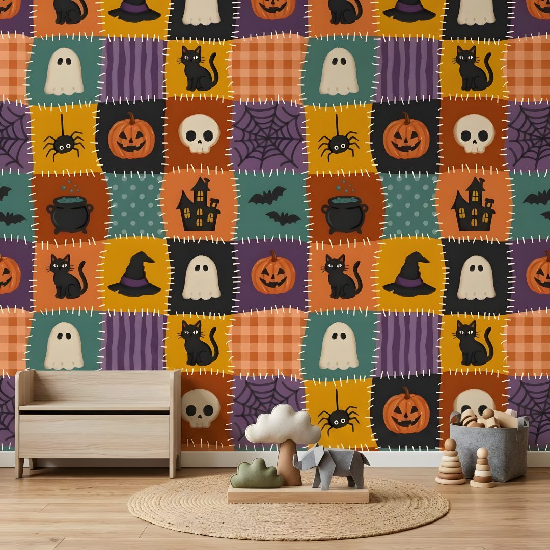 halloween themed wallpaper with pumpkins, jack - o - lanterns and cats Halloween For Kids Room sienna