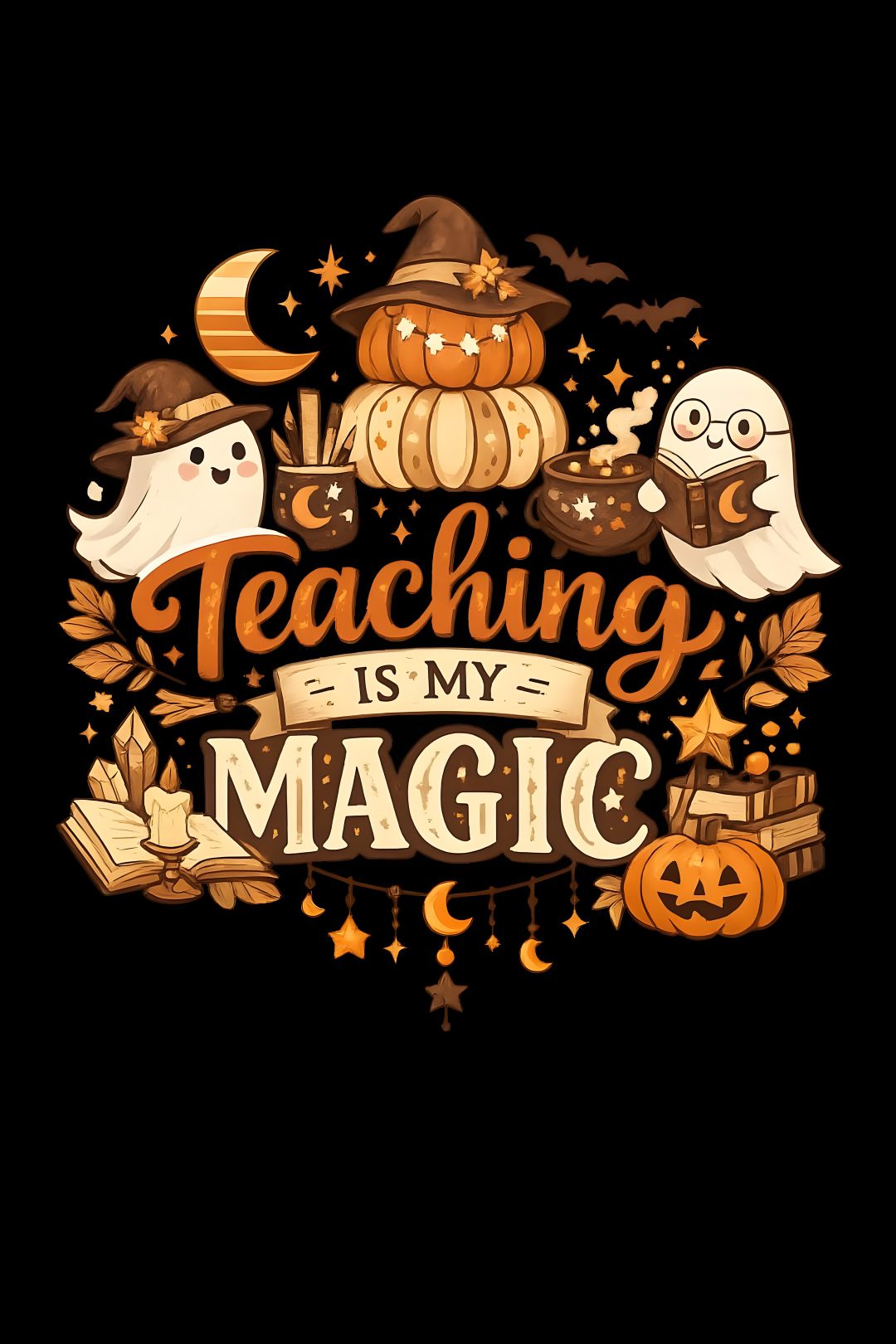 the words teaching is my magic surrounded by pumpkins, ghost and other halloween items Halloween Teacher black