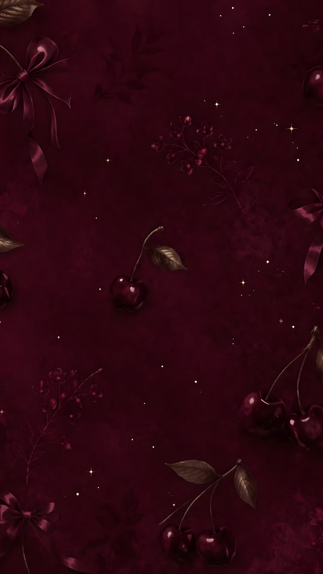 an image of cherries and leaves on a dark red background with gold flecks Burgundy Halloween black