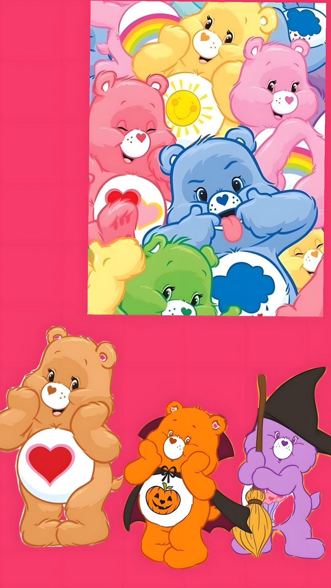there are four different colored teddy bears on the same page and one has a heart in its mouth Halloween Care Bear salmon