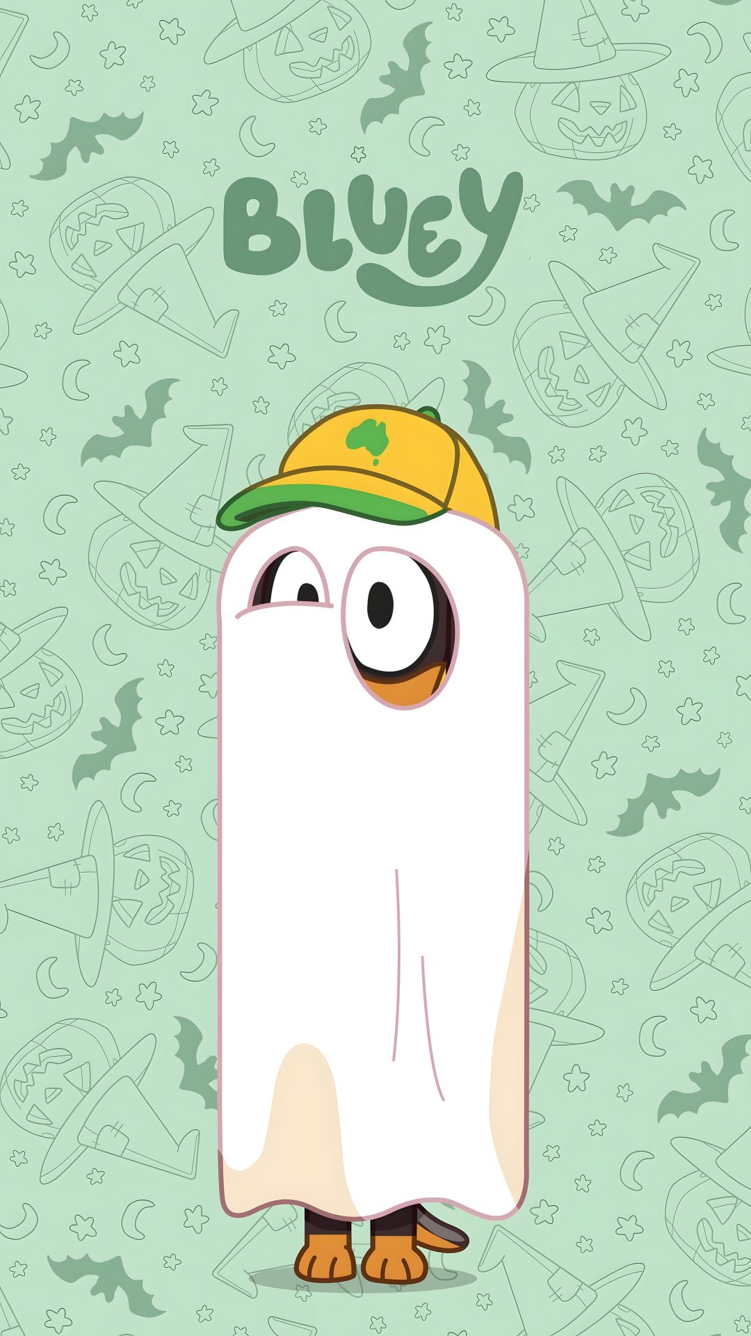 a cartoon character wearing a hat and standing in front of a green background Bluey Halloween light gray
