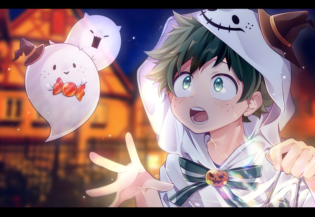 an anime character with green hair wearing a white outfit and holding his hands up in front of him Izuku Midoriya Izuku Midoriya Halloween indian red