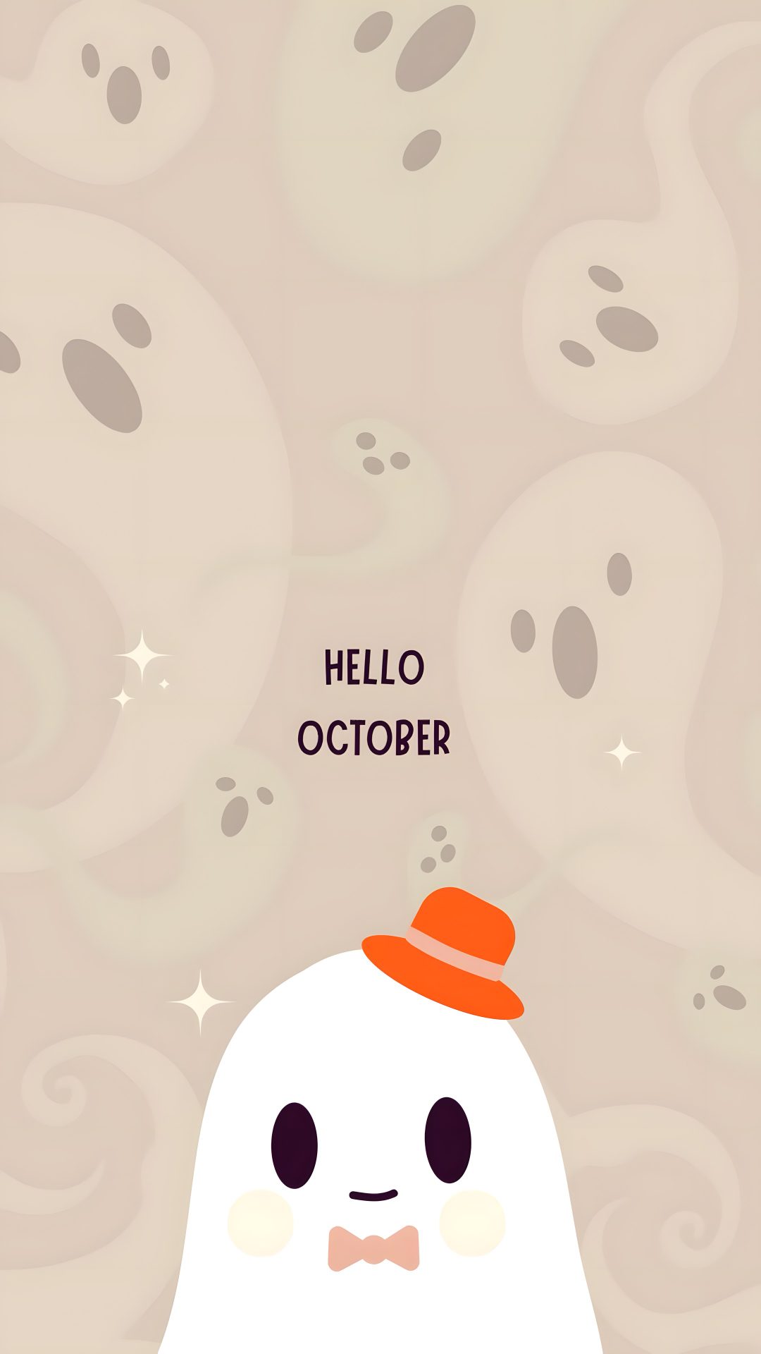 a ghost with an orange hat on its head and the words hello october above it Halloween Hello October light gray