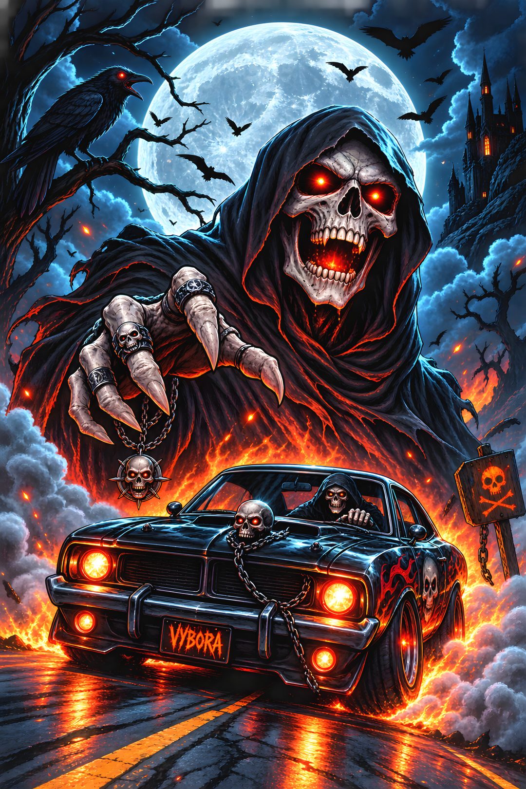 a car with a skeleton on it driving down the road in front of a full moon Halloween Car dark slate gray