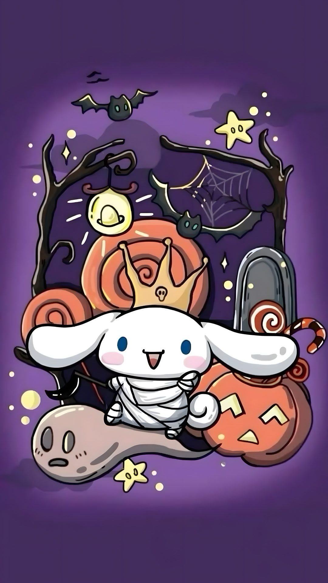 an image of a cartoon character with pumpkins and bats in the background on a purple background Happy Halloween Cinnamoroll Halloween dark slate blue