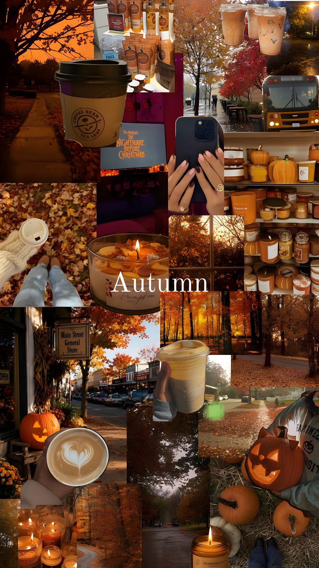 an autumn collage with pumpkins, candles and other things in the fall season Autumn Aesthetic Halloween Collage saddle brown