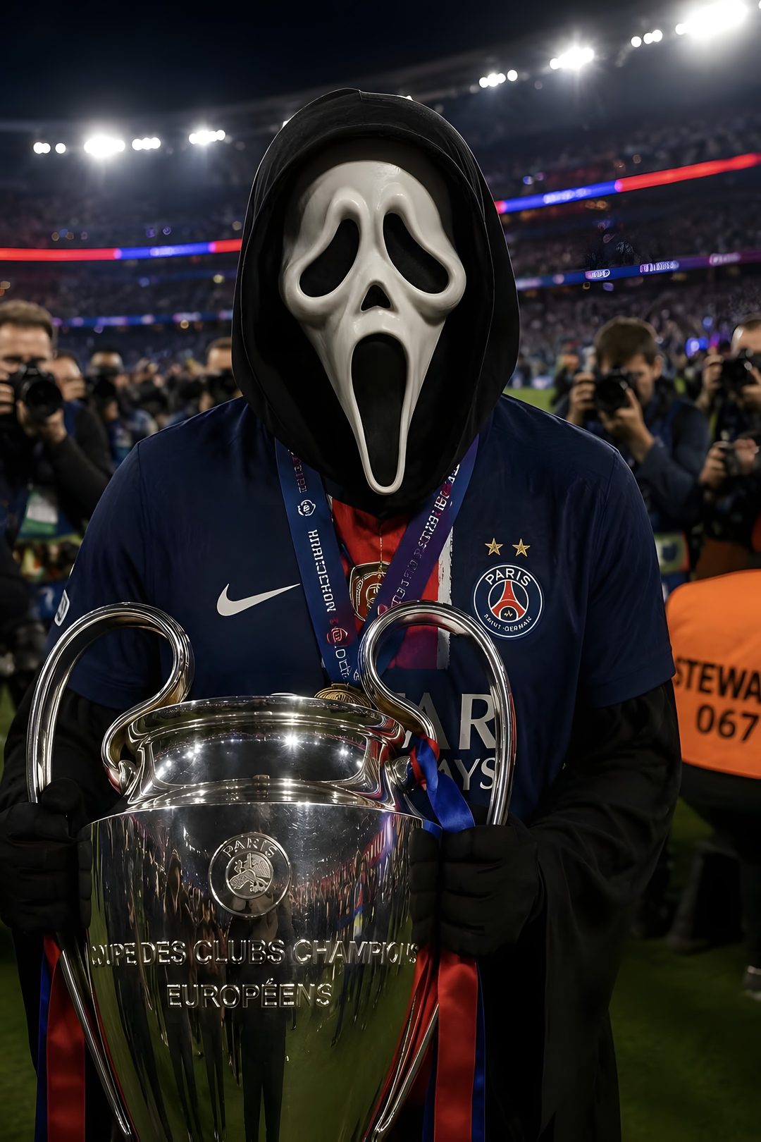a person wearing a mask and holding a soccer trophy Football Halloween Psg Cool Cartoons, black