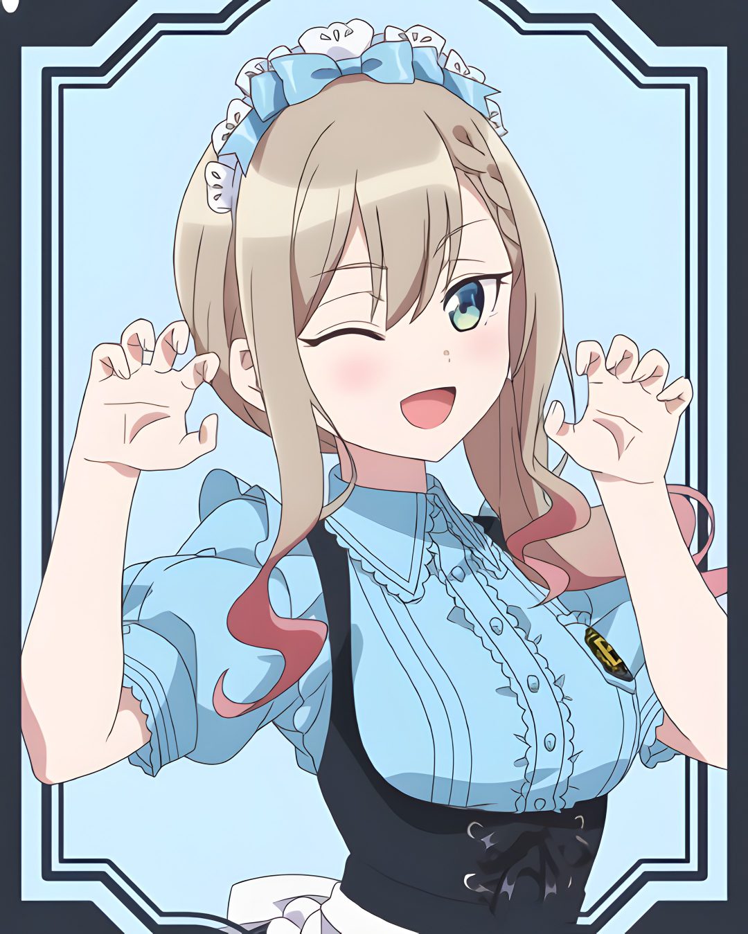 an anime character with long blonde hair and blue eyes, wearing a black dress and holding her hands up in front of her face Suzu Halloween Anime Images, Bad Girl, Cute Outfits, Memes, gainsboro